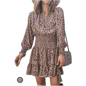 Women's Dalmation Print Smocked Waist Ruffle Hem Long Sleeve Dress Med E54